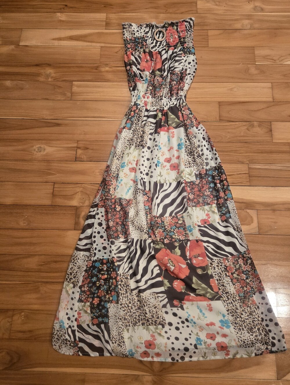 grass collection Strapless Patchwork Maxi Dress in Black, White, Coral, Teal